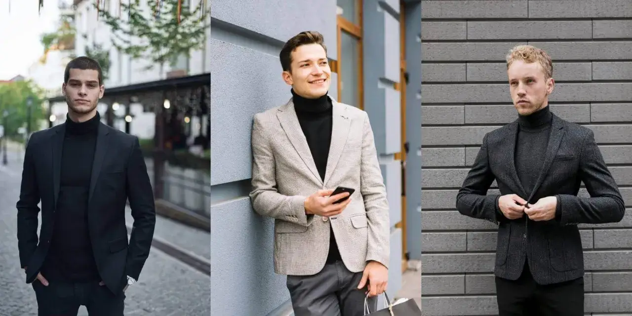 Three men showcase stylish outfits. One wears a sharp black suit with turtleneck, another a beige blazer over a black turtleneck, and the third a dark tweed jacket with a grey turtleneck.