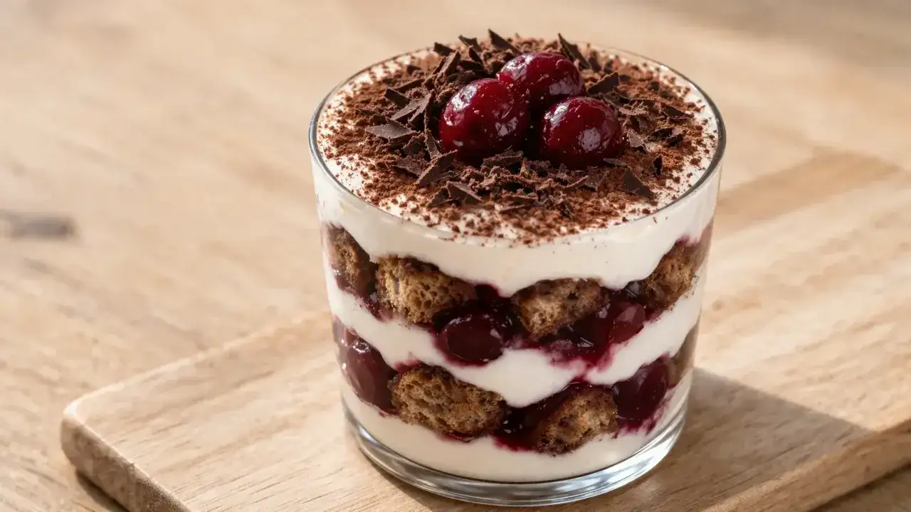 Tiramisu aux cerises dans un verre, garni de copeaux de chocolat et de cerises. Savourez-le apr&egrave;s avoir d&eacute;termin&eacute; combien de temps laisser reposer un tiramisu au frigo.