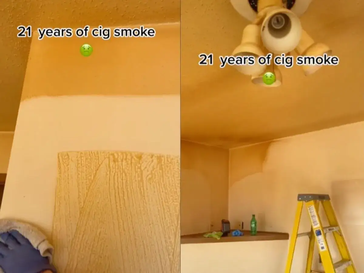 Cleaning 21 years of cigarette smoke stains from walls and ceiling. This shows how to get smoke smell out of house.