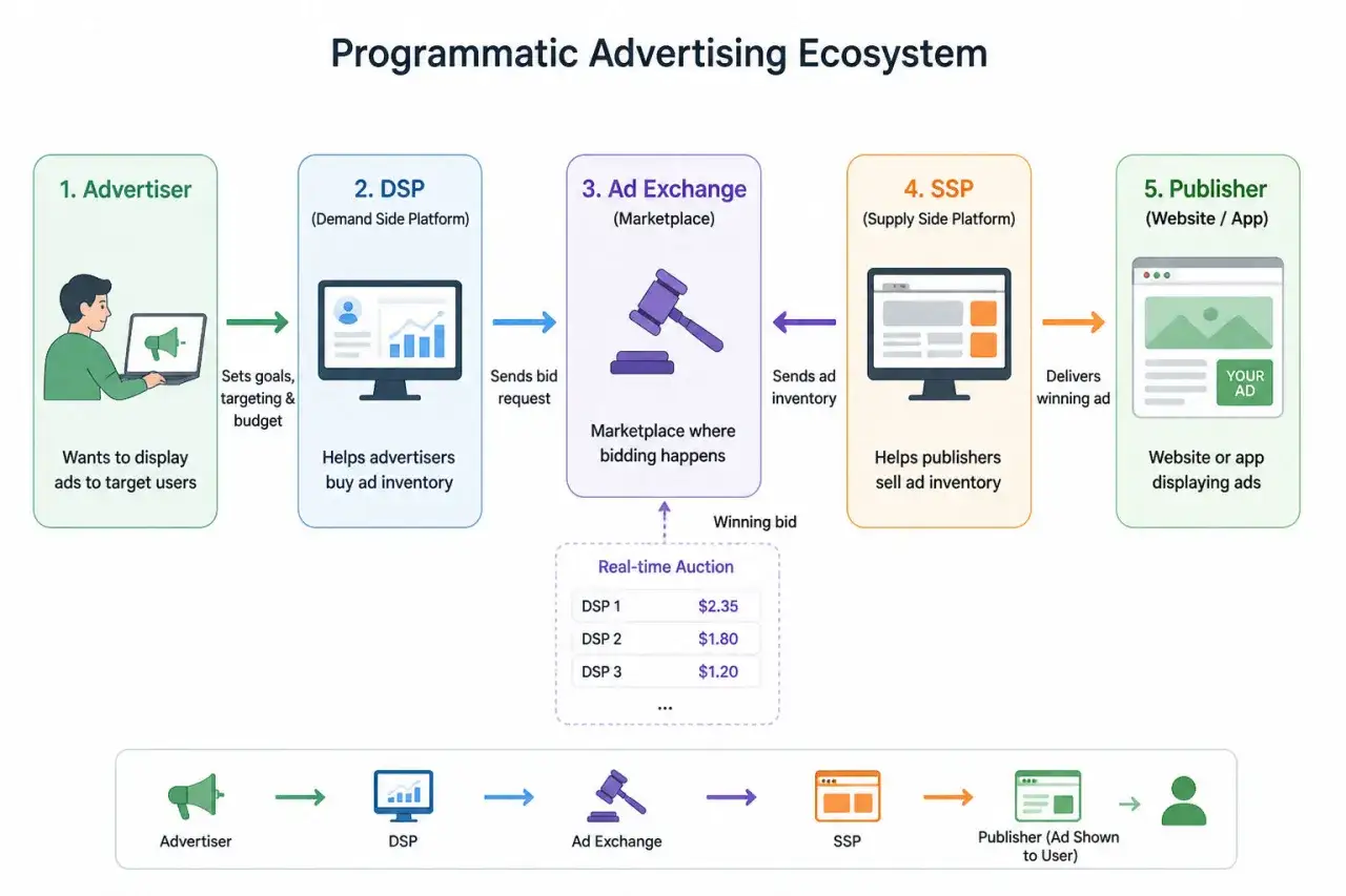 Schema dell'ecosistema di pubblicit&agrave; programmatica: Advertiser, DSP, Ad Exchange, SSP e Publisher interagiscono in un'asta in tempo reale per mostrare annunci mirati.