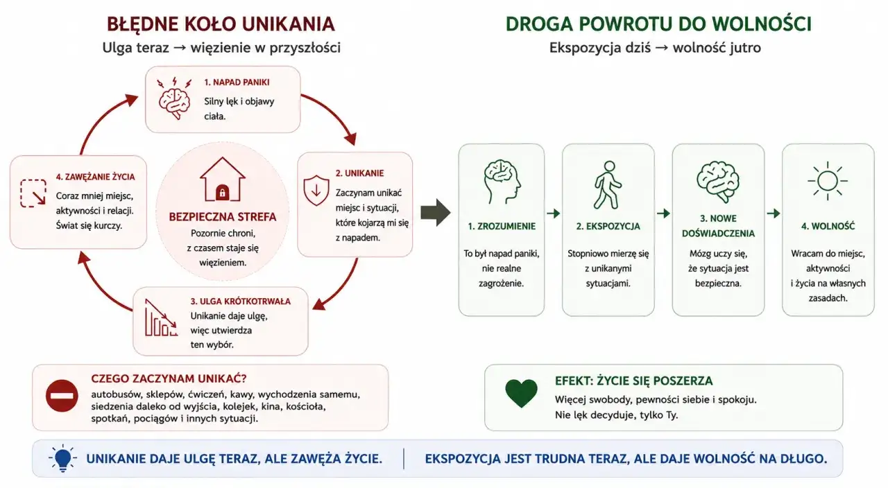 Cykl unikania: napad paniki, unikanie, ulga krótkotrwała, zawężanie życia. Droga do wolności: zrozumienie, ekspozycja, nowe doświadczenia, wolność.