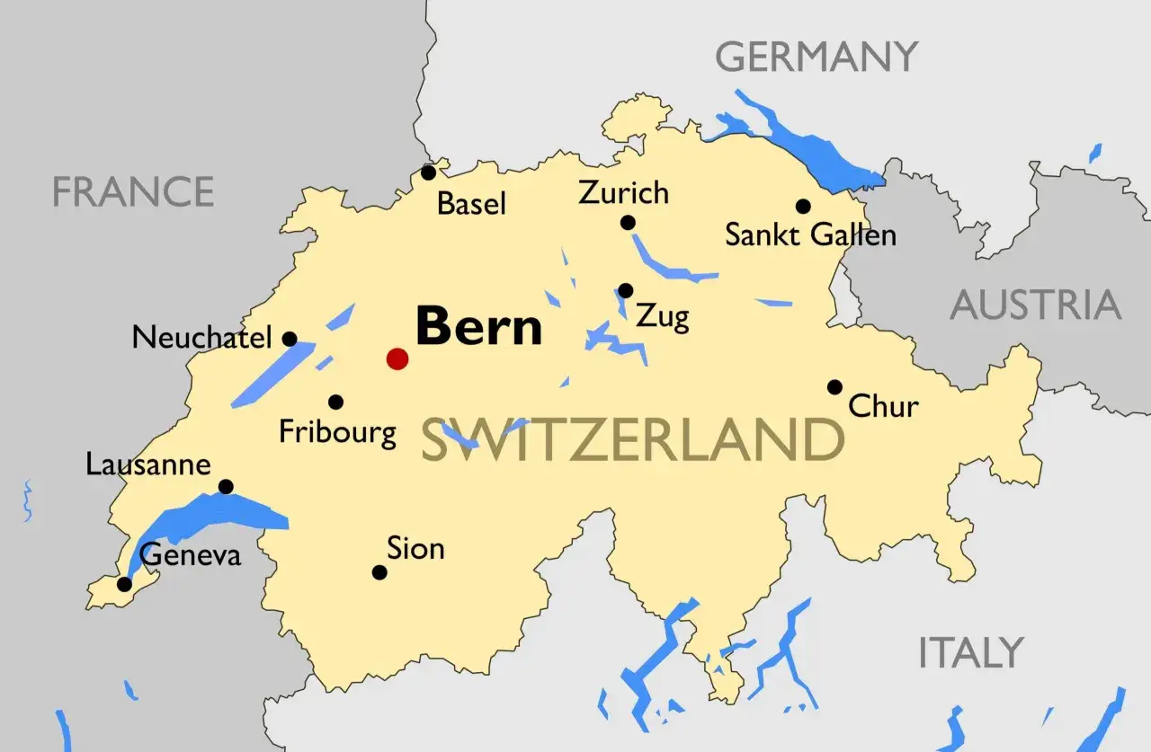 Mapa Szwajcarii z zaznaczonymi miastami: Berno, Genewa, Zurych. Graniczy z Francją, Niemcami, Austrią i Włochami. Czy potrzebny paszport do Szwajcarii?