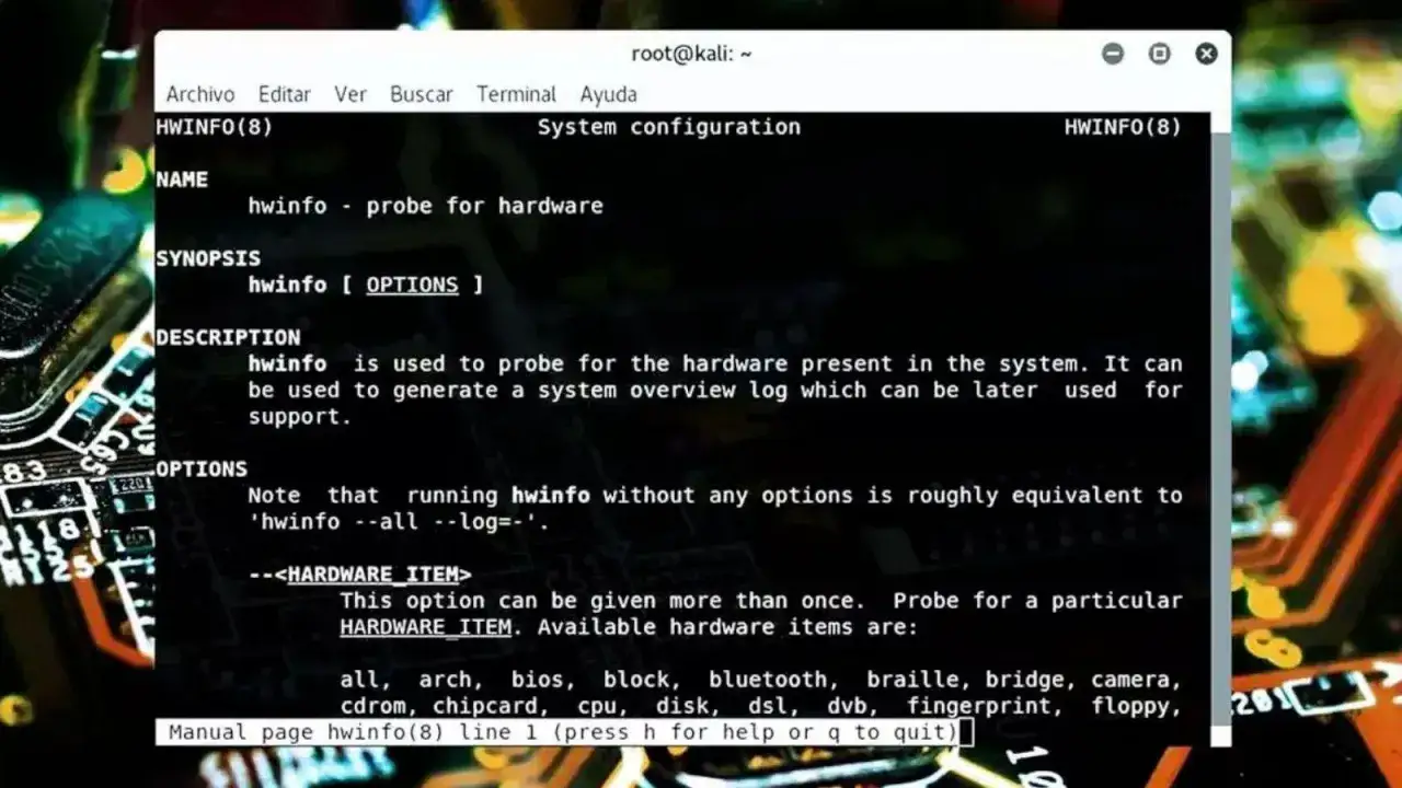 Terminal z opisem narzędzia hwinfo, które służy do identyfikacji sprzętu. W tle widać fragmenty płyty głównej.