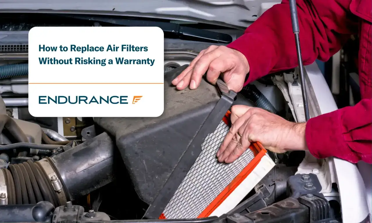 Hands carefully replace air filter in car engine bay. Learn how to replace air filters without risking a warranty.