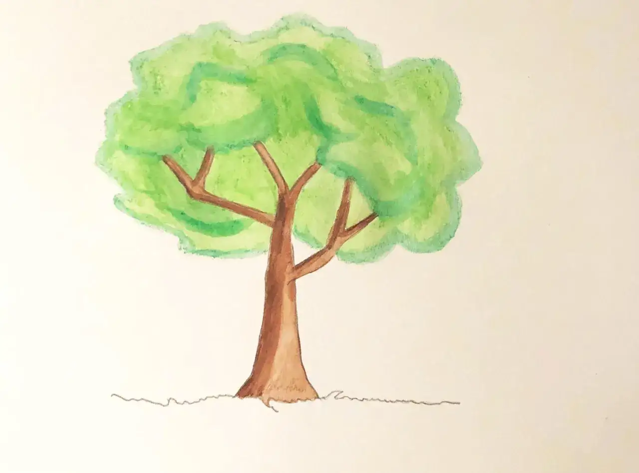 Un dessin arbre facile, avec un tronc brun et un feuillage vert vif. Parfait pour apprendre à dessiner.