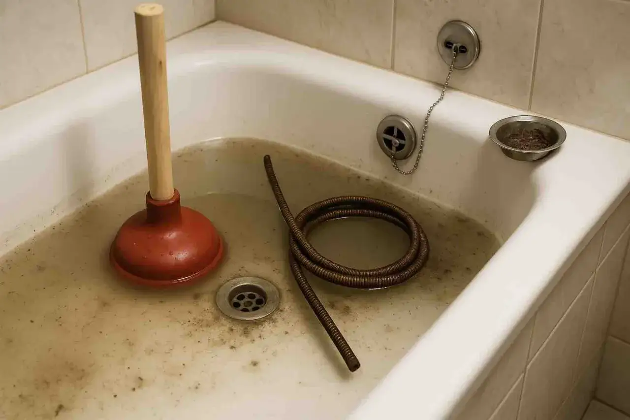 Verstopfte Badewanne: Saugglocke und Rohrreinigungsspirale liegen im schmutzigen Wasser. Der Rohrreiniger hilft nicht.