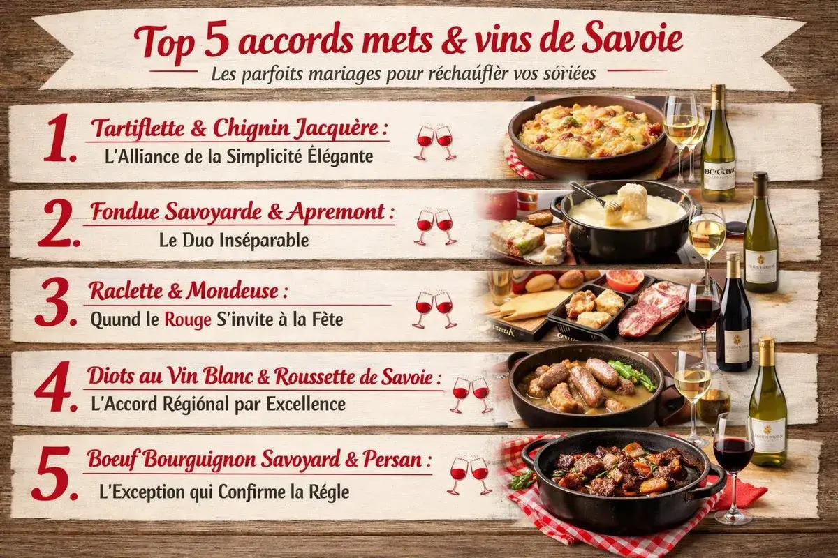 Top 5 accords mets & vins de Savoie : Tartiflette, fondue, raclette, diots, b&oelig;uf bourguignon. Quel vin savoyard choisir pour chaque plat ?