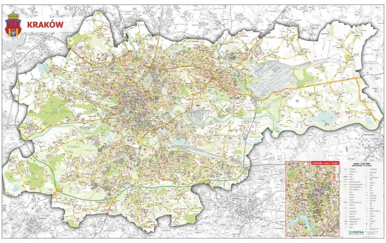 Mapa Krakowa z zaznaczonymi granicami i nazwami kraków dzielnice. Widoczny herb miasta i skala mapy.
