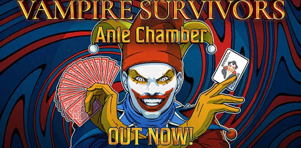 El payaso del juego Vampire Survivors para Xbox sostiene cartas, &iexcl;disponible ahora!