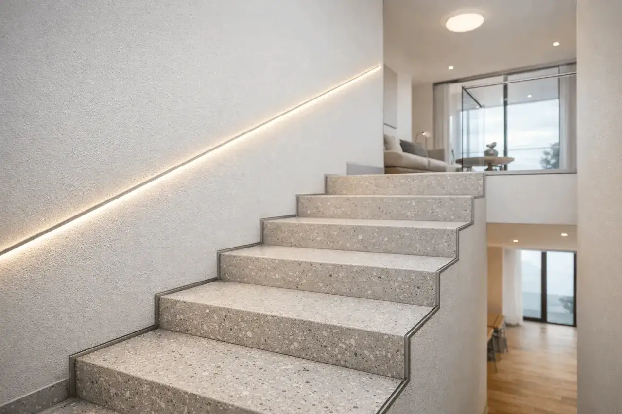 Nowoczesne schody z lastryko, oświetlone dyskretną linią LED. Elegancki pomysł na schody z lastryko, który rozjaśnia wnętrze.