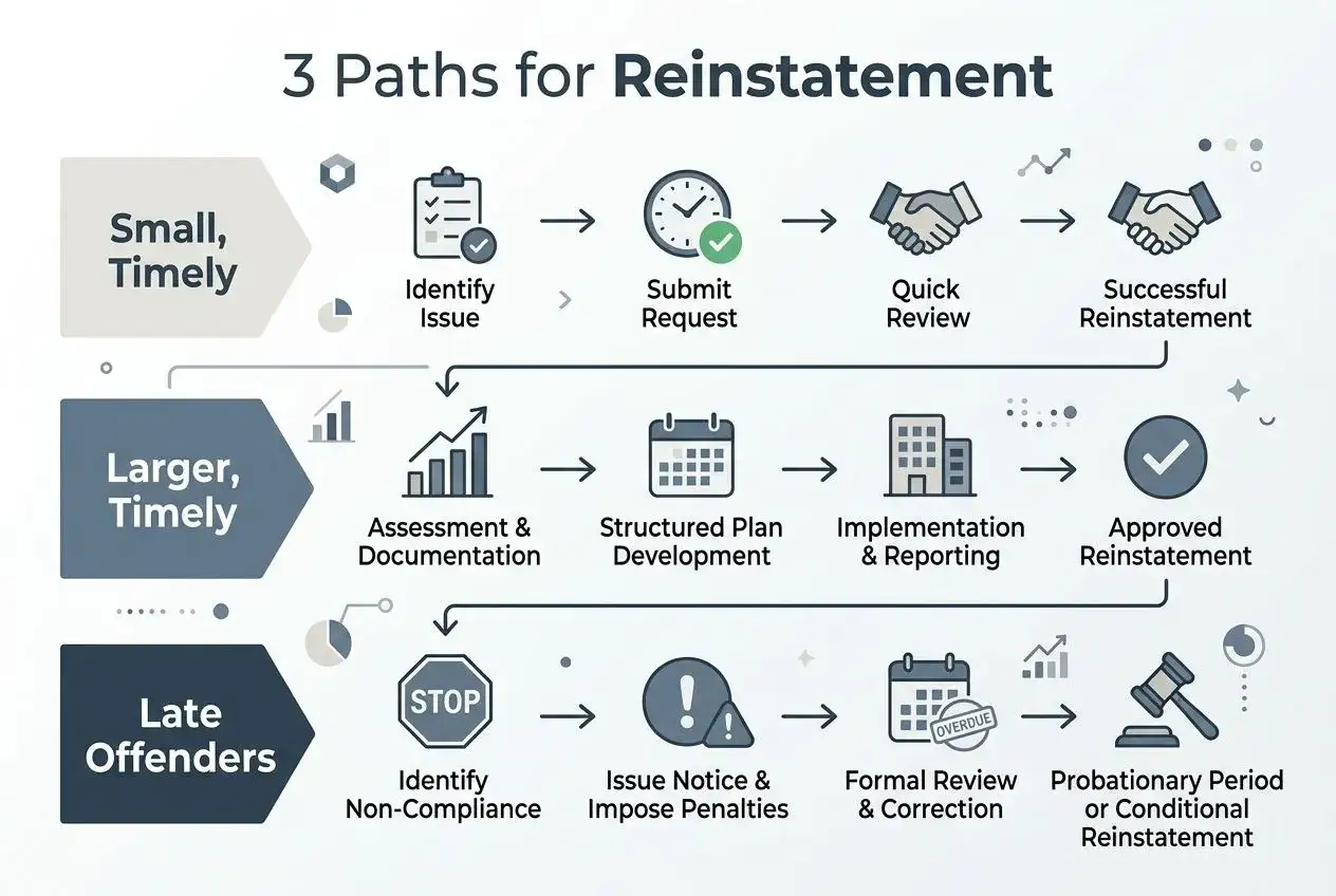 Flowchart shows 3 paths for nonprofit reinstatement: Small/Timely (identify issue, submit, quick review, success), Larger/Timely (assess, plan, implement, approved), and Late Offenders (identify non-compliance, penalties, formal review, probation).