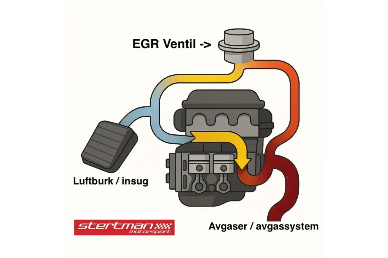 Diagram som visar hur man koppla bort EGR ventil. Luft från insug och avgaser cirkulerar genom motorn.