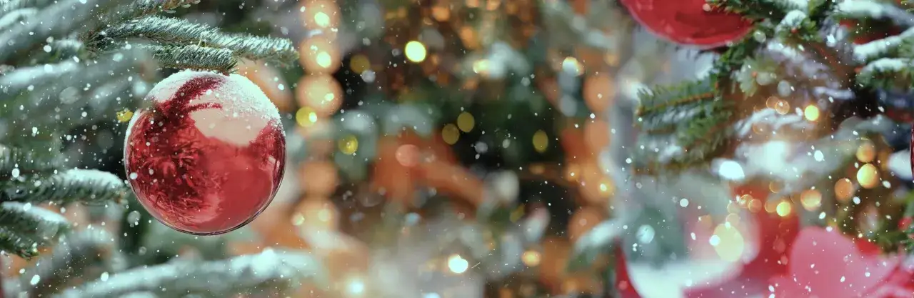 Schneebedeckte Tannen und Fichten, beliebte weihnachtsbaum arten, geschmückt mit roten Kugeln und Lichtern.