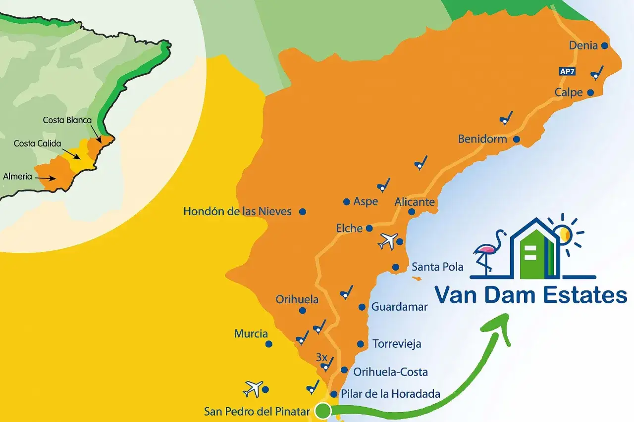Karte zeigt, wo ist die Costa Blanca an Spaniens K&uuml;ste, mit Orten wie Alicante, Benidorm und Denia.