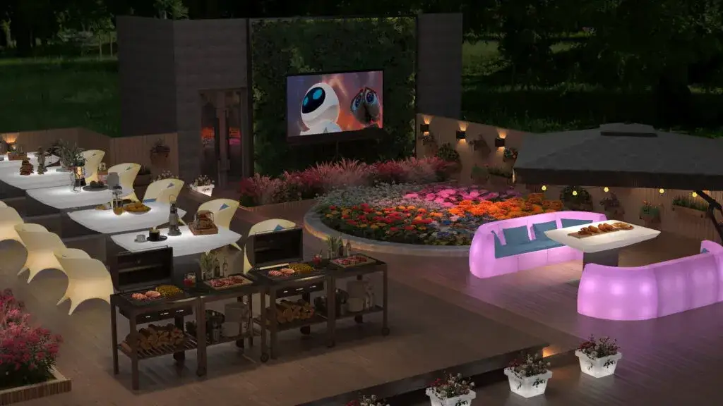Mesa en jardín de pizzería por la noche con luces cálidas
