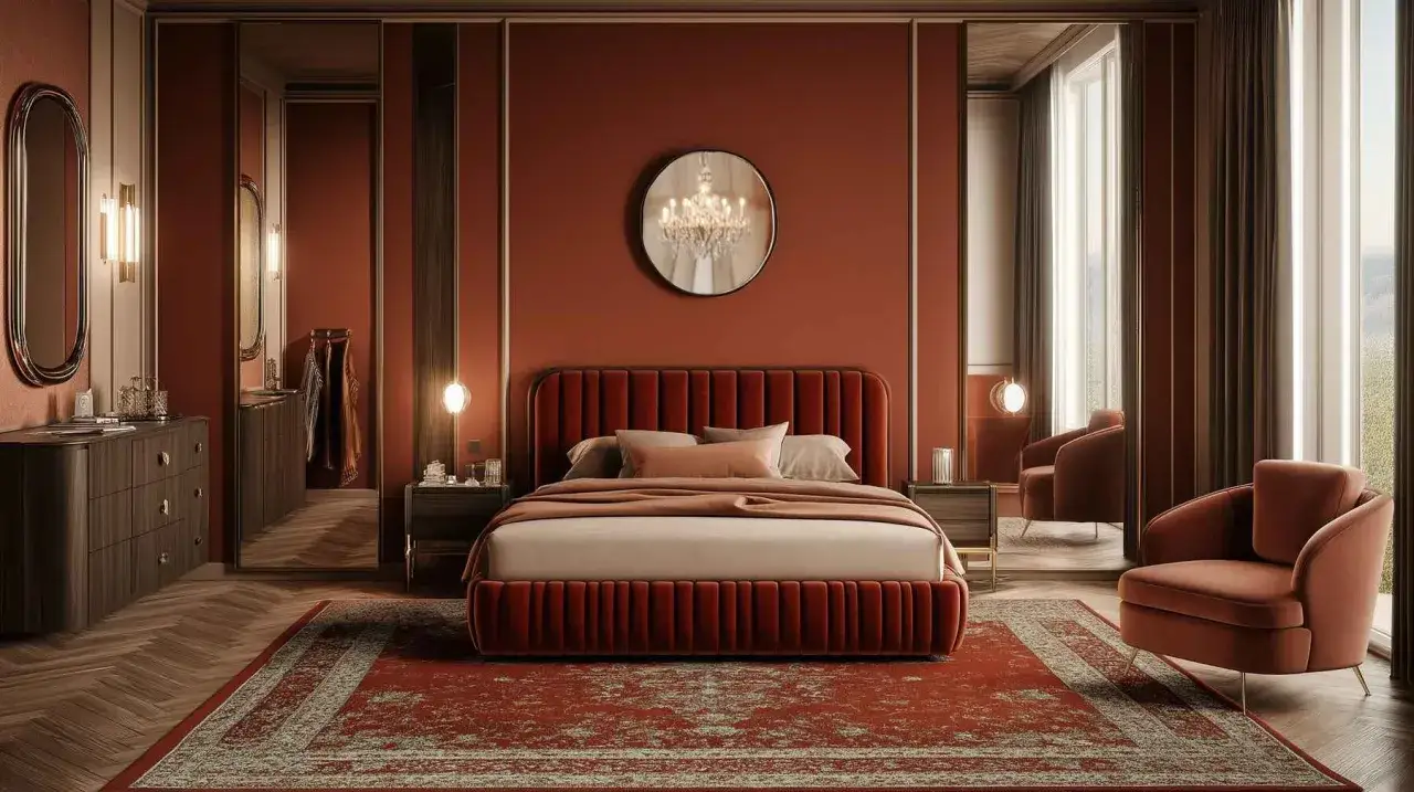 Elegancka sypialnia w odcieniach **koloru terakoty**. Miękkie łóżko, aksamitny fotel i bogaty dywan tworzą przytulną atmosferę.