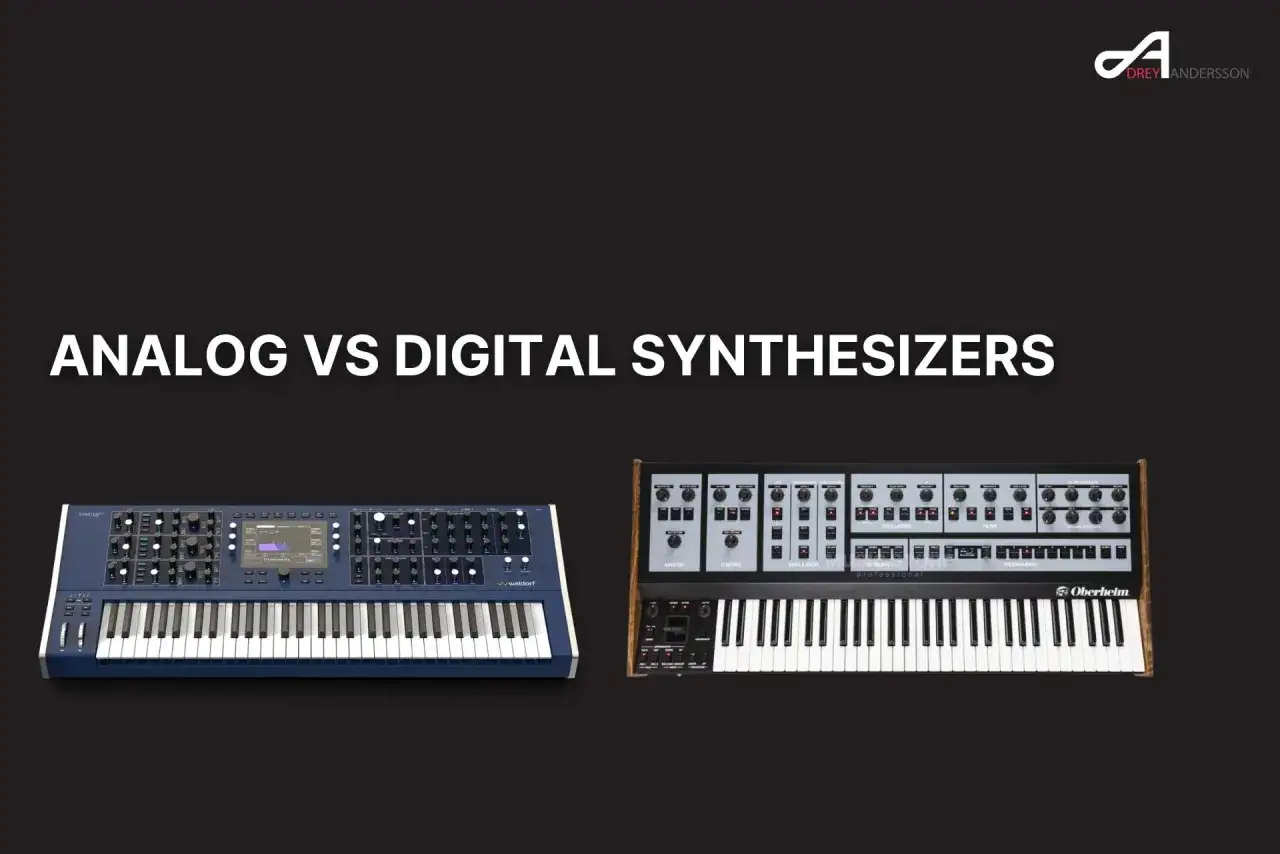 Deux synth&eacute;tiseurs c&ocirc;te &agrave; c&ocirc;te : un bleu moderne, l'autre vintage en bois. Lequel est analogique, lequel est num&eacute;rique ?