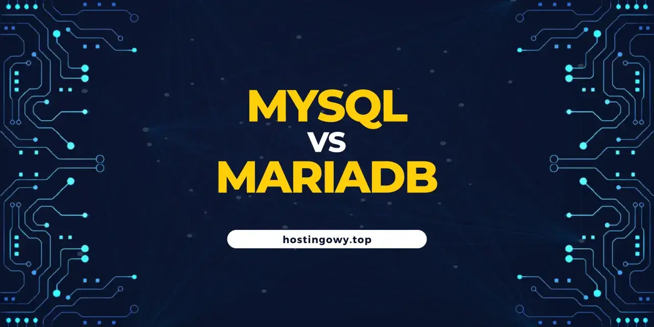 Por&oacute;wnanie baz danych: MySQL vs MariaDB. Grafika z elementami obwod&oacute;w drukowanych i siecią.