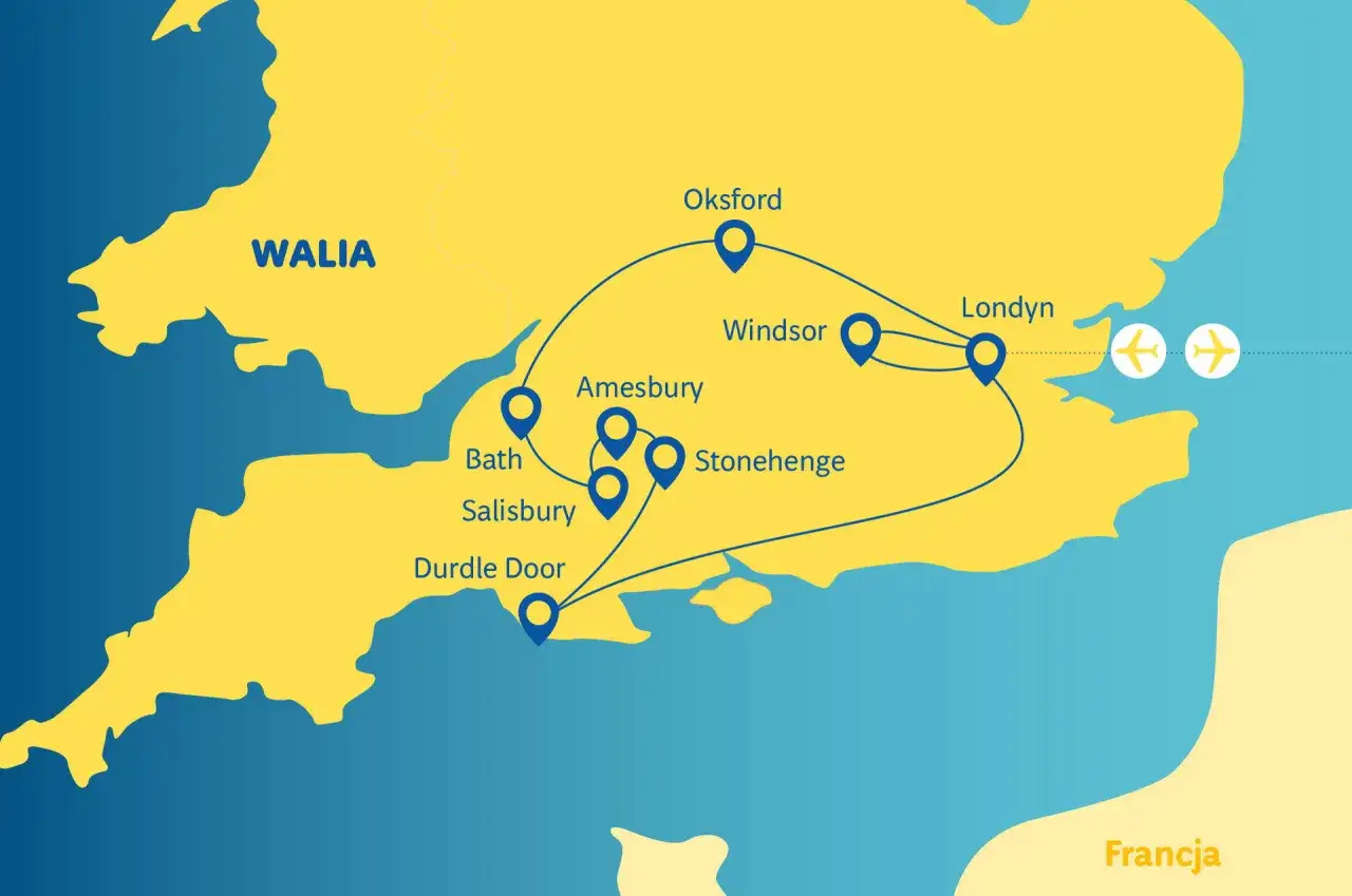 Mapa turystyczna Anglii z zaznaczonymi atrakcjami: Londyn, Windsor, Oksford, Bath, Salisbury, Stonehenge, Durdle Door. Widać też lotniska w Anglii.
