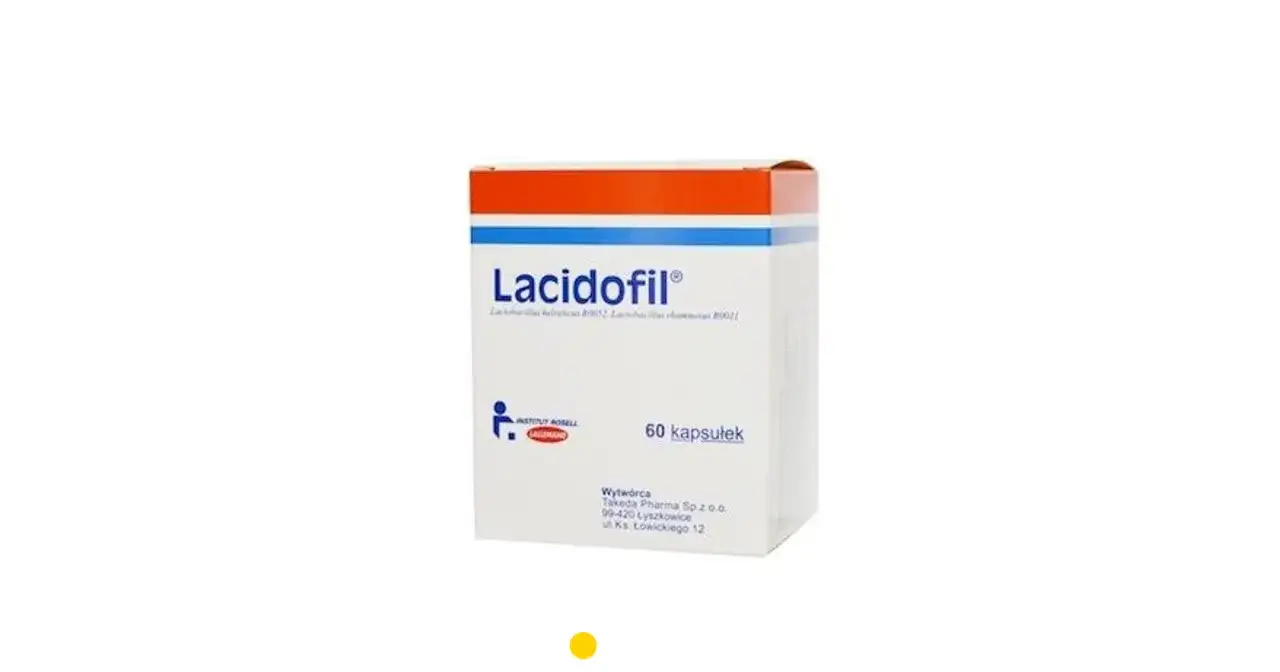 Opakowanie Lacidofil, suplementu diety zawierającego probiotyki, na co pomaga w odbudowie flory bakteryjnej. 60 kapsułek.
