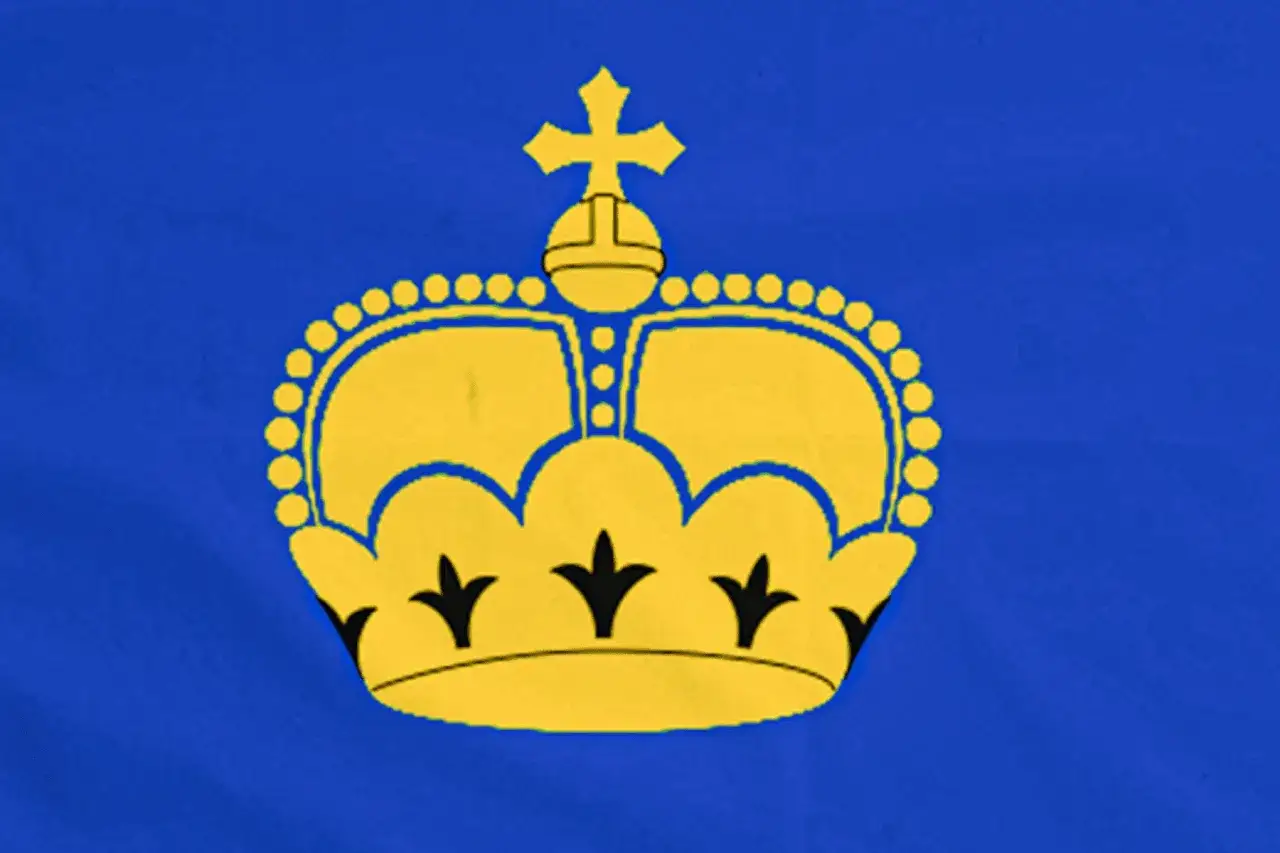 Flaga Liechtenstein: złota korona z krzyżem na niebieskim tle.
