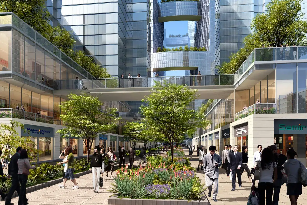 Menschen flanieren durch eine gr&uuml;ne, autofreie Stadt mit modernen Glasgeb&auml;uden und Fu&szlig;g&auml;ngerbr&uuml;cken.