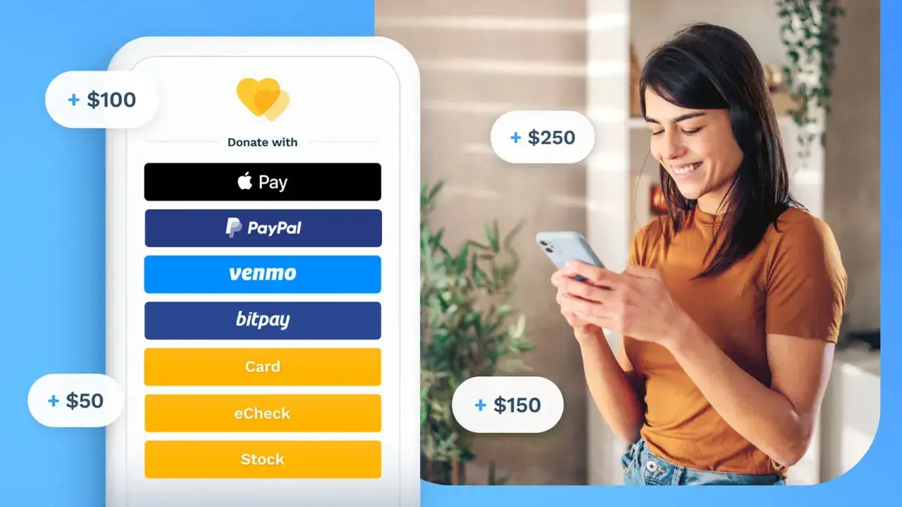 Woman smiles while donating to nonprofits via phone. Options include Apple Pay, PayPal, Venmo, BitPay, Card, eCheck, and Stock, making it easy to support causes with Zelle for nonprofits.
