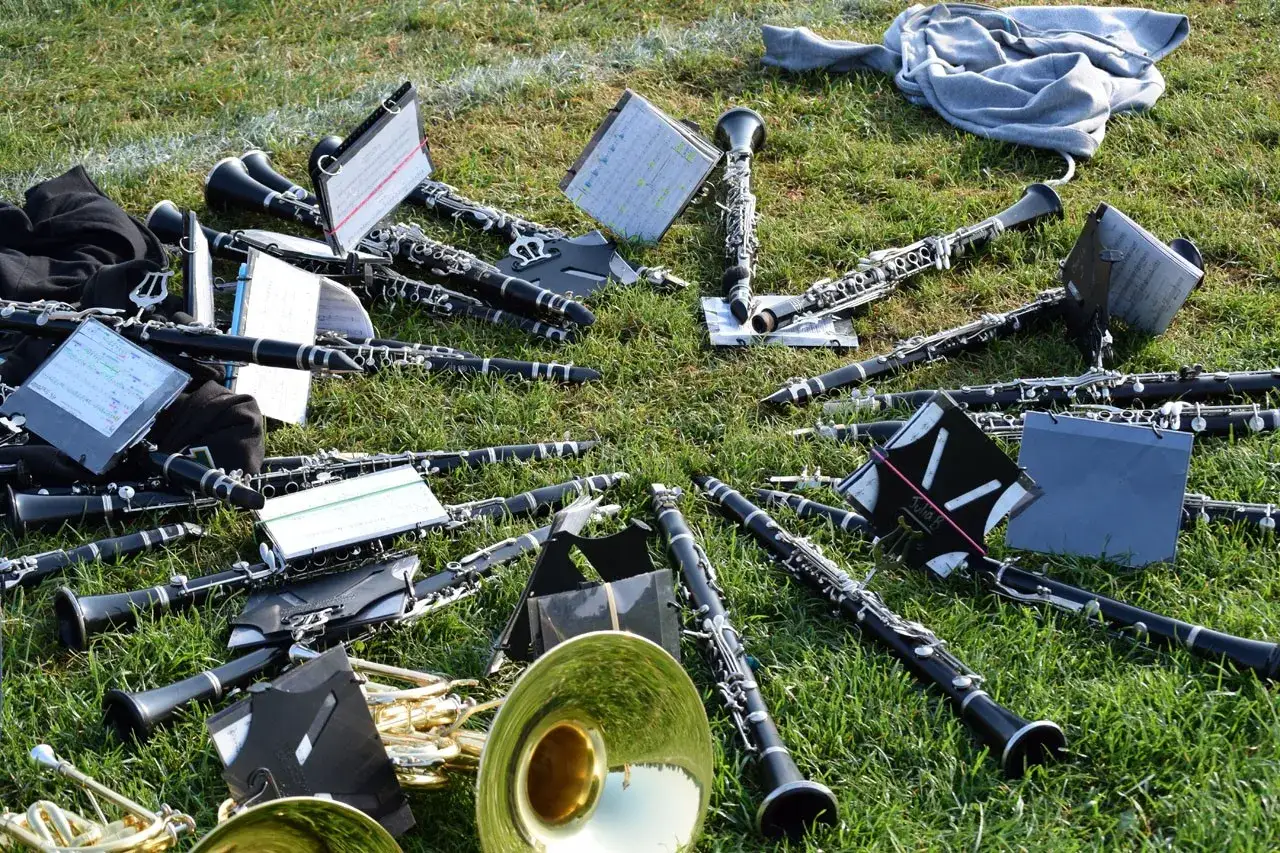 Viele Klarinetten und ein tief klingendes Blasinstrument liegen auf dem Gras. Notenblätter sind zwischen den Instrumenten verteilt.