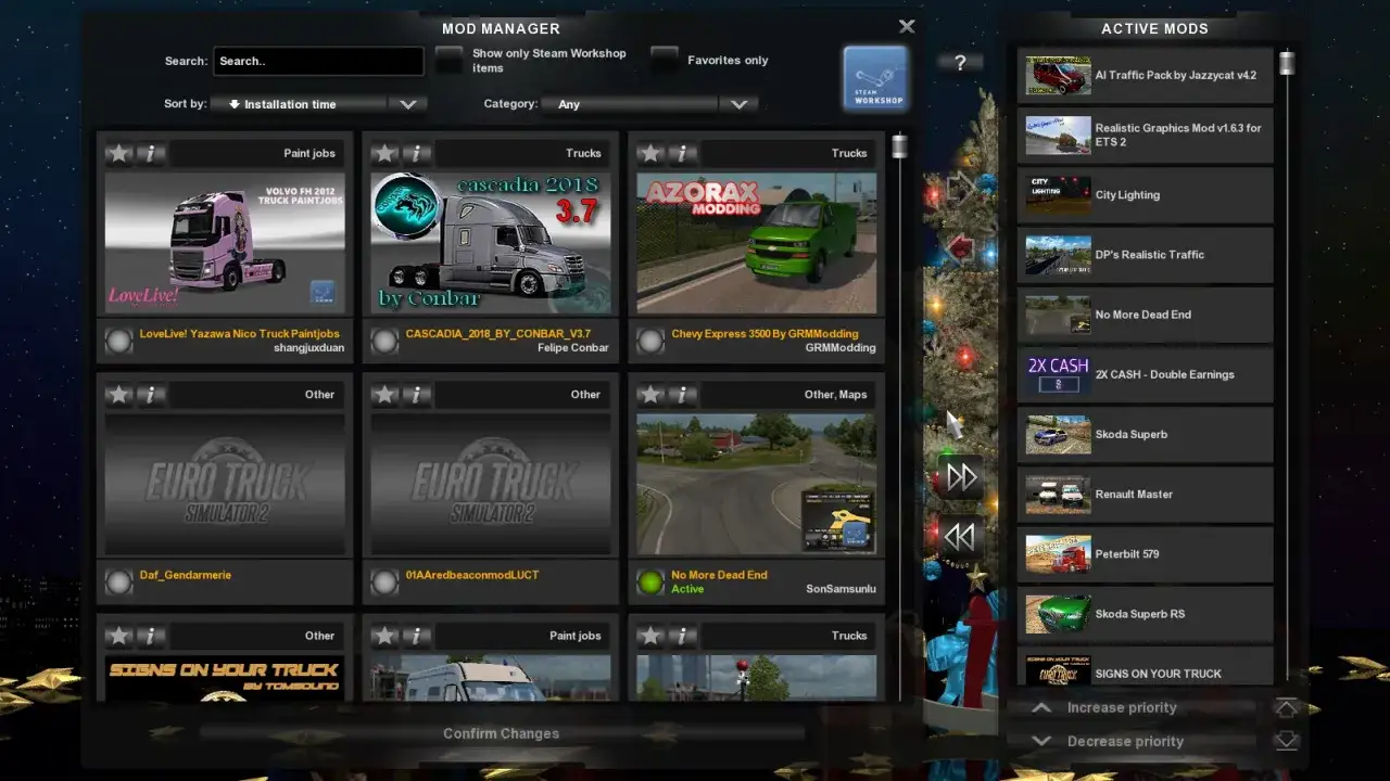 Menedżer modów do ETS2. Widoczne mody to m.in. AI Traffic Pack, Realistic Graphics Mod, City Lighting, a także różne malowania ciężarówek.