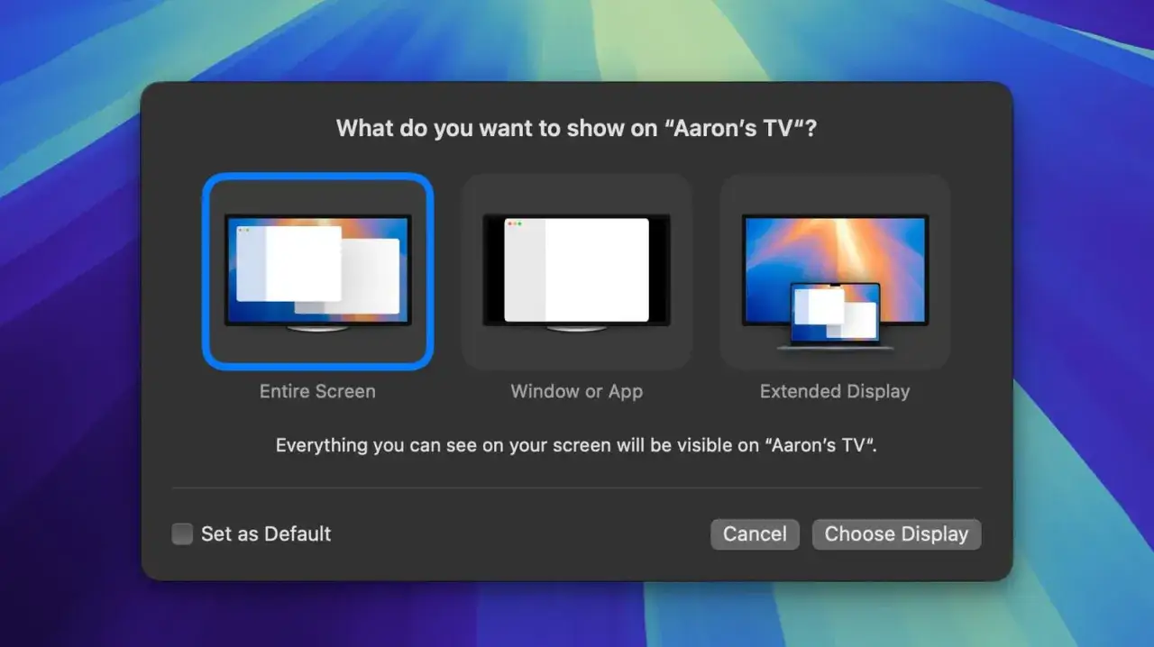 iina airplay options: mirror entire screen, window/app, or extended display to 