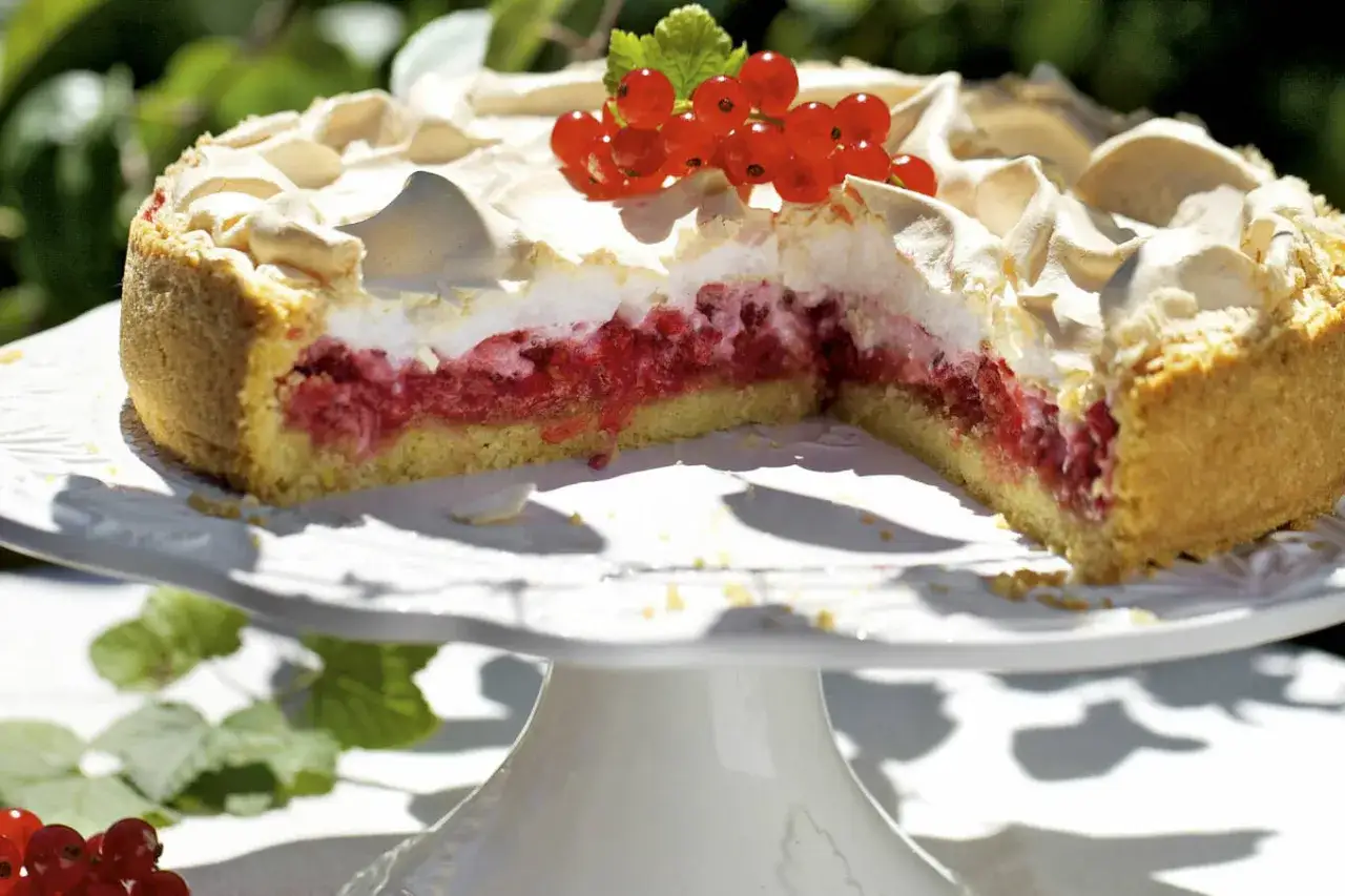 Ein saftiger Johannisbeerkuchen mit Baiser, garniert mit frischen roten Johannisbeeren.