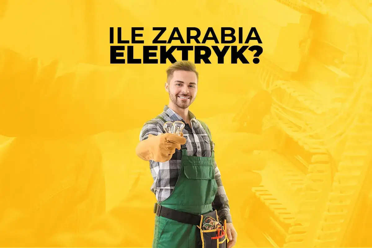 Uśmiechnięty elektryk w ogrodniczkach trzyma żarówki. Dowiedz się, ile zarabia elektryk z własną działalnością.