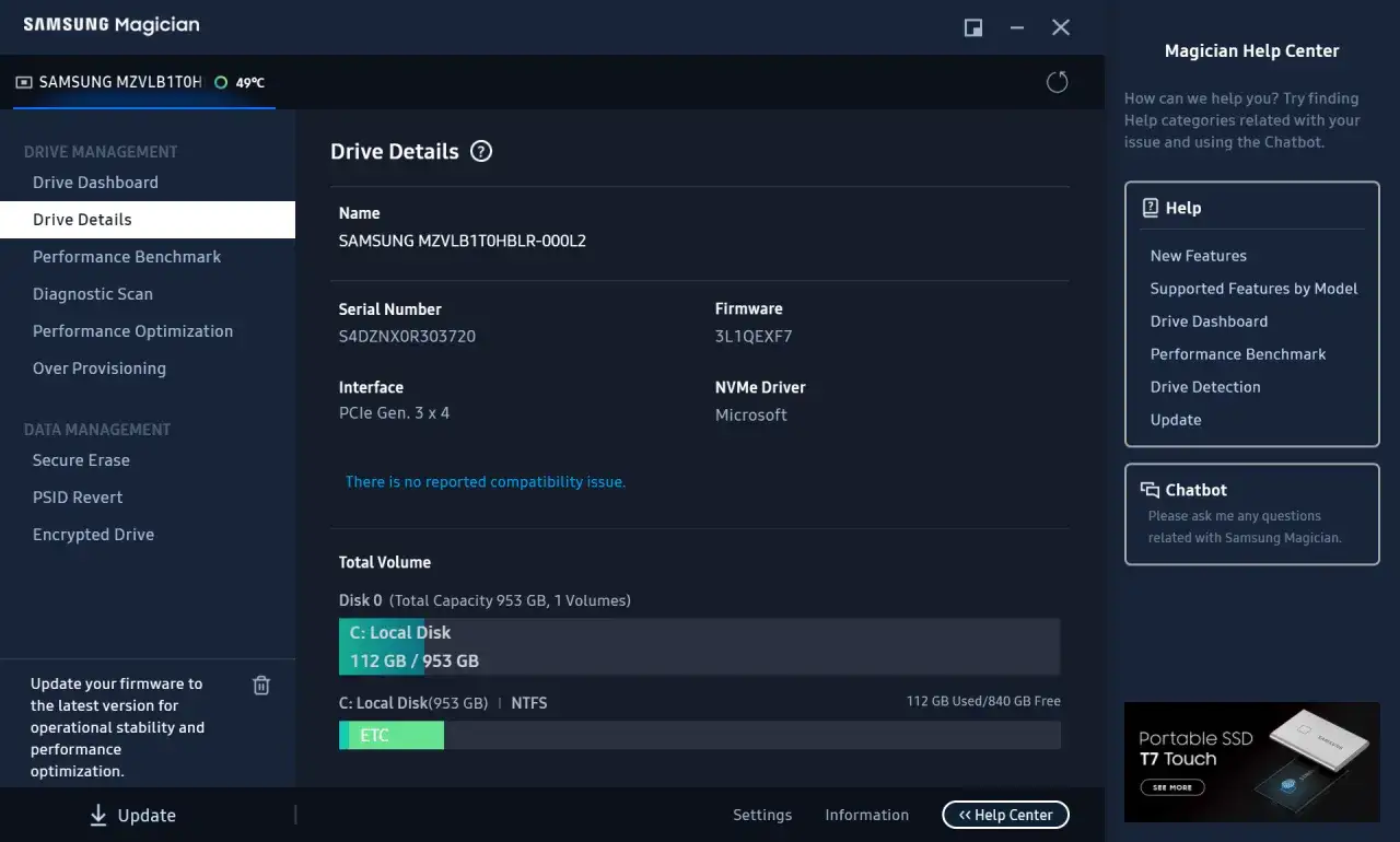 Szczegóły dysku w Samsung Magician: nazwa, numer seryjny, firmware, interfejs i wykorzystanie przestrzeni dyskowej.