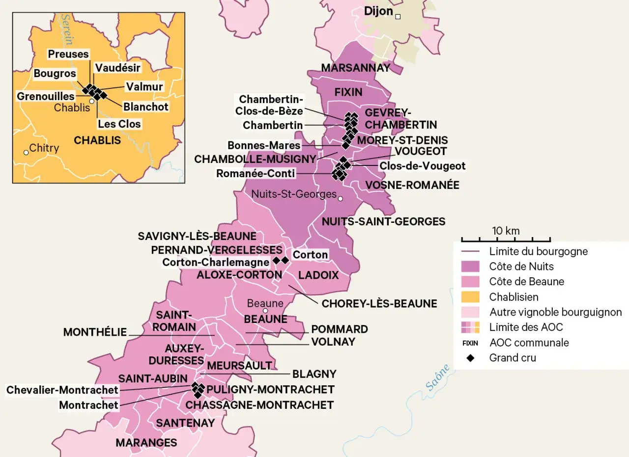 Carte des vignobles du domaine de Bourgogne, montrant les appellations de la Côte de Nuits, Côte de Beaune et Chablisien.