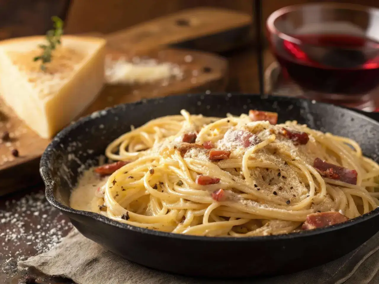 Spaghetti Carbonara in einer Pfanne, mit Parmesan und einem Glas Rotwein. Welcher Wein zu Carbonara passt, ist eine Frage des Geschmacks, aber ein leichter Rotwein ist oft eine gute Wahl.
