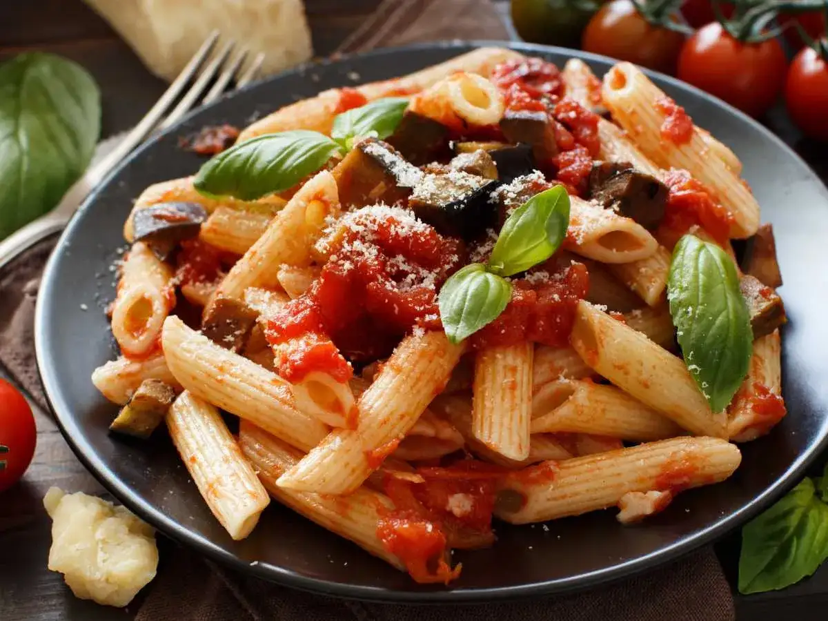Un plato de pasta alla norma con penne, berenjenas fritas, salsa de tomate y albahaca fresca, espolvoreado con queso rallado.