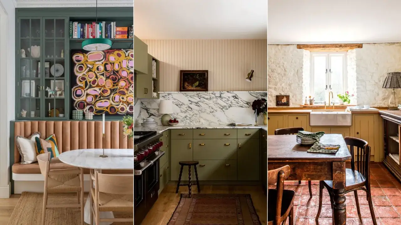 Tres cocinas con encanto: una con sofá integrado y arte abstracto, otra verde con mármol y una rústica con vigas de madera. Ideas para reformar cocina sin obras.
