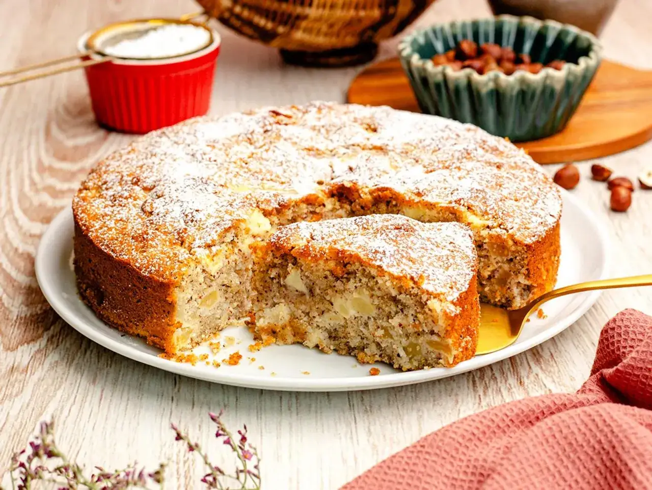 Saftiger Apfel-Walnuss-Kuchen, best&auml;ubt mit Puderzucker, auf einem Teller mit einem St&uuml;ck herausgeschnitten. N&uuml;sse und ein Sieb mit Puderzucker im Hintergrund.