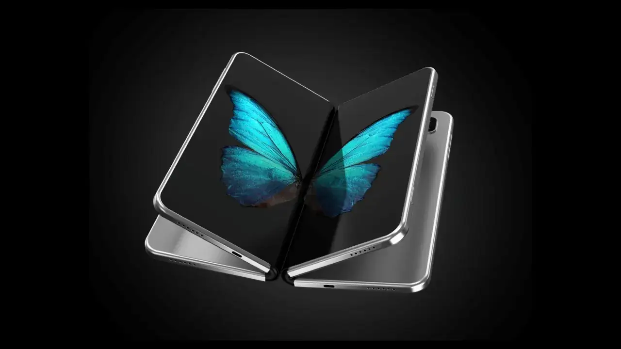 Srebrny, składany smartfon z ekranem wyświetlającym niebieskiego motyla. Ten nowoczesny iphone flip otwiera się jak książka.