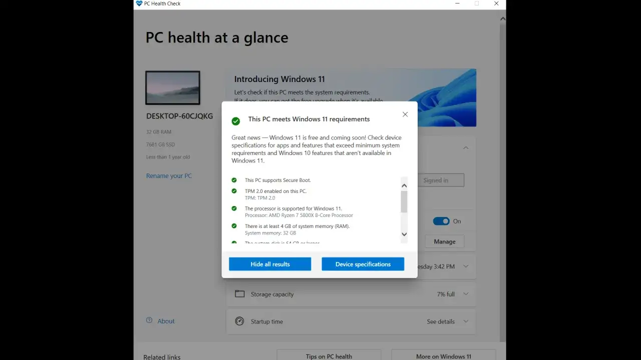 Komputer spełnia **windows 11 wymagania**. Widoczny komunikat potwierdza zgodność z Secure Boot, TPM 2.0, procesorem AMD Ryzen 7 i 32 GB RAM.