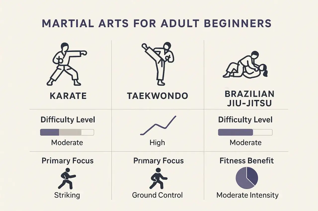 Porównanie Karate, Taekwondo i Brazylijskiego Jiu-Jitsu dla początkujących. Zastanawiasz się, jakie sztuki walki wybrać? Sprawdź poziomy trudności i główne skupienie.