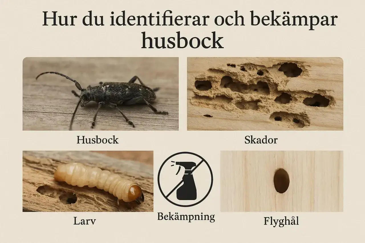 Bilden visar en husbockslarv, dess skador p&aring; tr&auml;, bek&auml;mpningssymbol och flygh&aring;l.