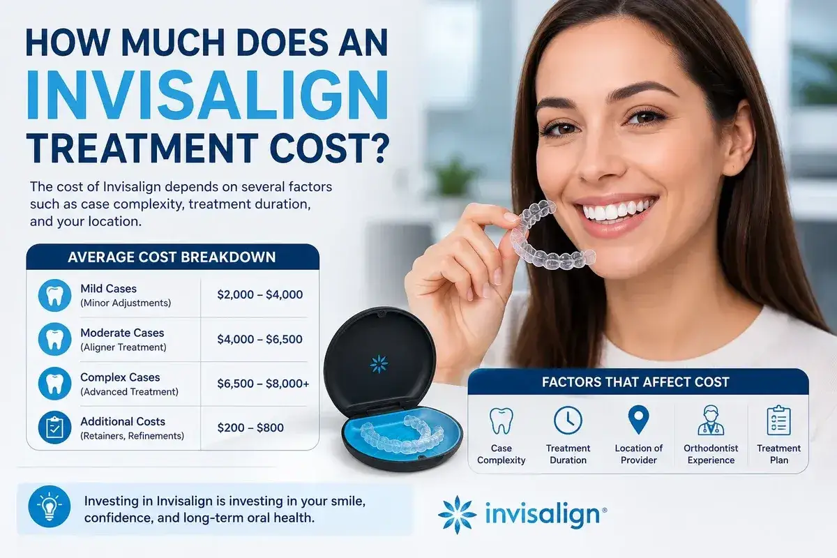 Uśmiechnięta kobieta prezentuje nakładki Invisalign. Tabela pokazuje, że **invisalign cena** zależy od złożoności przypadku, od 2000 do ponad 8000 USD.