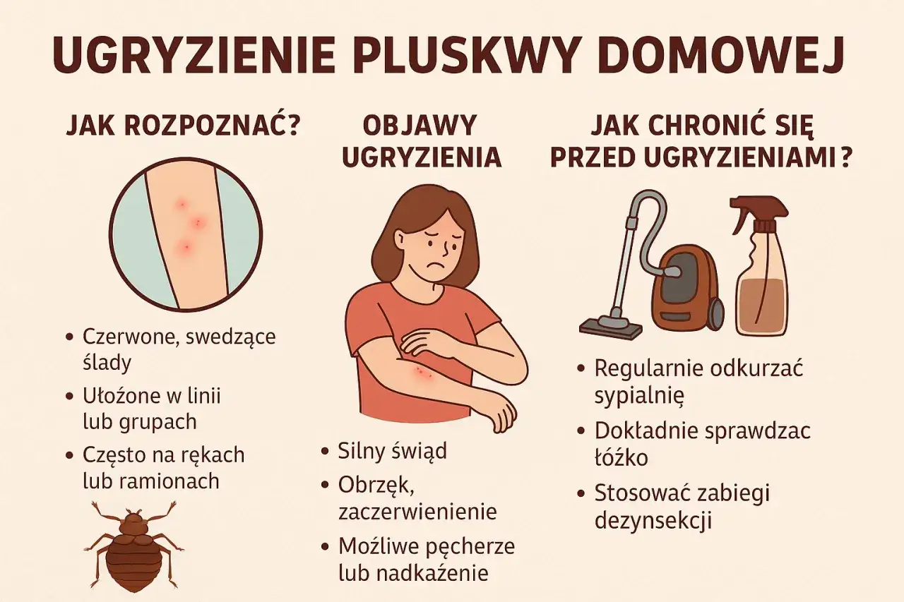 Ilustracja pokazuje ukaszenia pluskwy: czerwone, swędzące ślady na skórze, objawy i sposoby ochrony przed nimi.