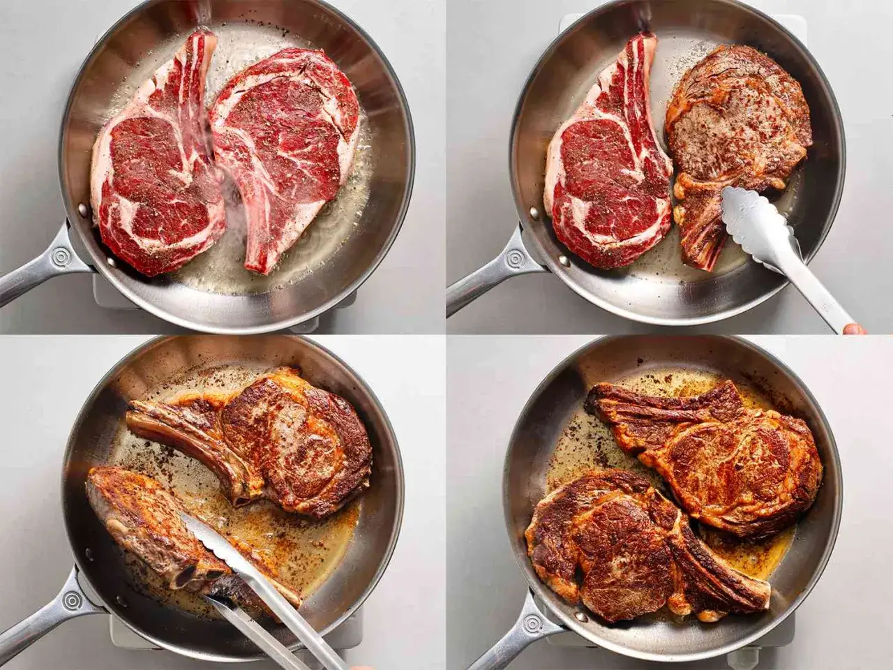 Quatre &eacute;tapes pour une entrec&ocirc;te saignante parfaite dans une po&ecirc;le. La viande rouge est saisie, retourn&eacute;e puis cuite jusqu'&agrave; obtenir une belle cro&ucirc;te dor&eacute;e.