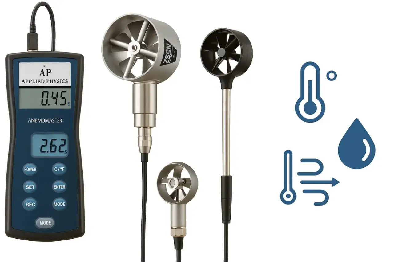 Anemómetro digital y sondas para medir la velocidad del aire, útiles para el **vane significado aire acondicionado**. Incluye iconos de temperatura y humedad.