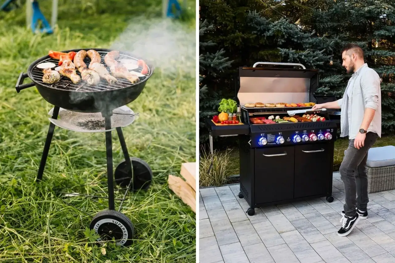 Tradycyjny grill węglowy z kiełbaskami i kurczakiem kontra nowoczesny grill gazowy z mężczyzną przygotowującym posiłek. Wybór między grill gazowy czy węglowy.