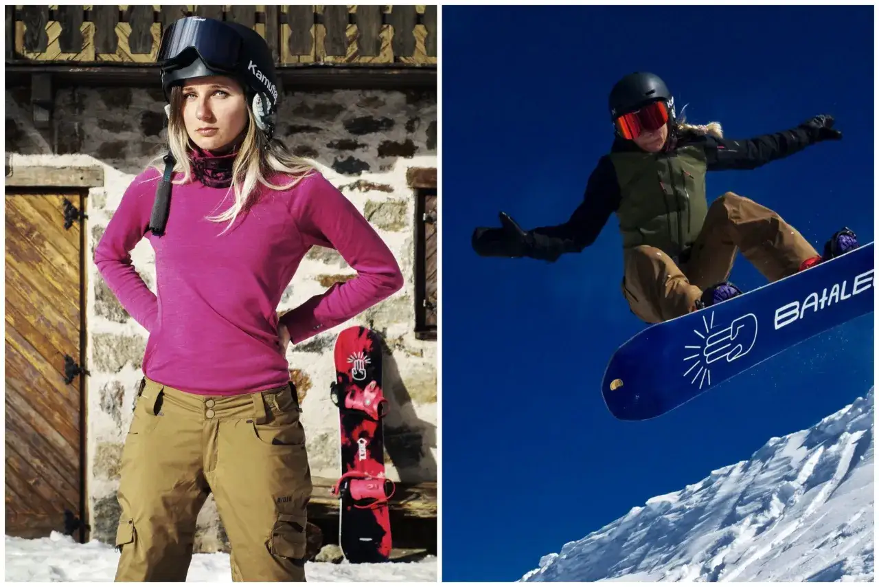 Kobieta w różowej bluzce z wełny merino, która zapewnia komfort termiczny, pozuje na tle górskiego domku. Obok niej snowboardzistka wykonuje skok na desce.