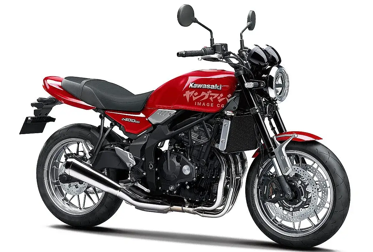 Kawasaki Z400RS roja, estilo retro, lista para la carretera.