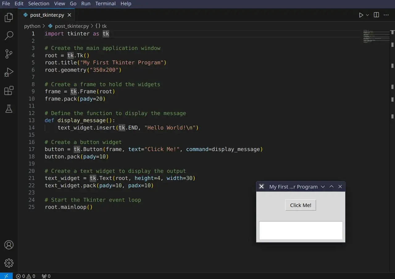 Python-Code für ein **tkinter text**-Fenster mit einem Button, der